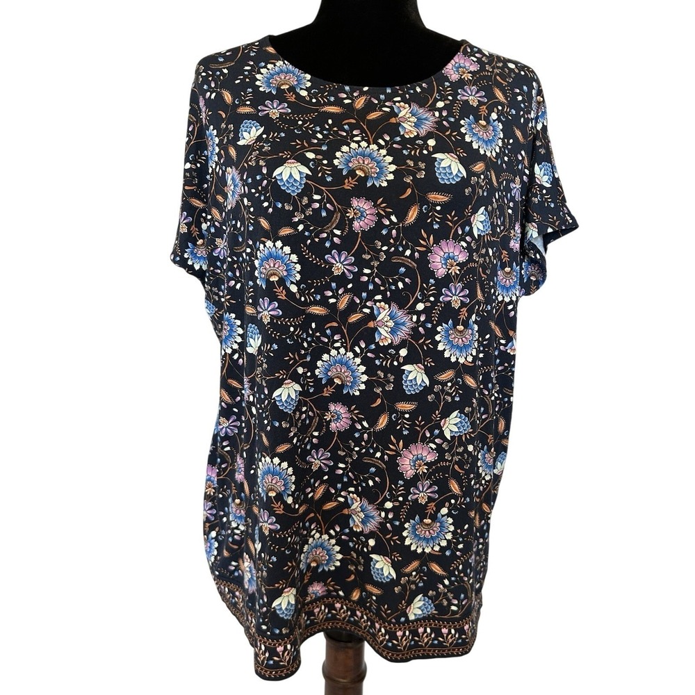 J Jill Black with Florals Blouse Top Size Large